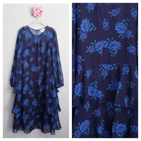 Draper James X Eloquii Blue Floral Ruffle Tiered Long Sleeve Dress - Picture 1 of 10